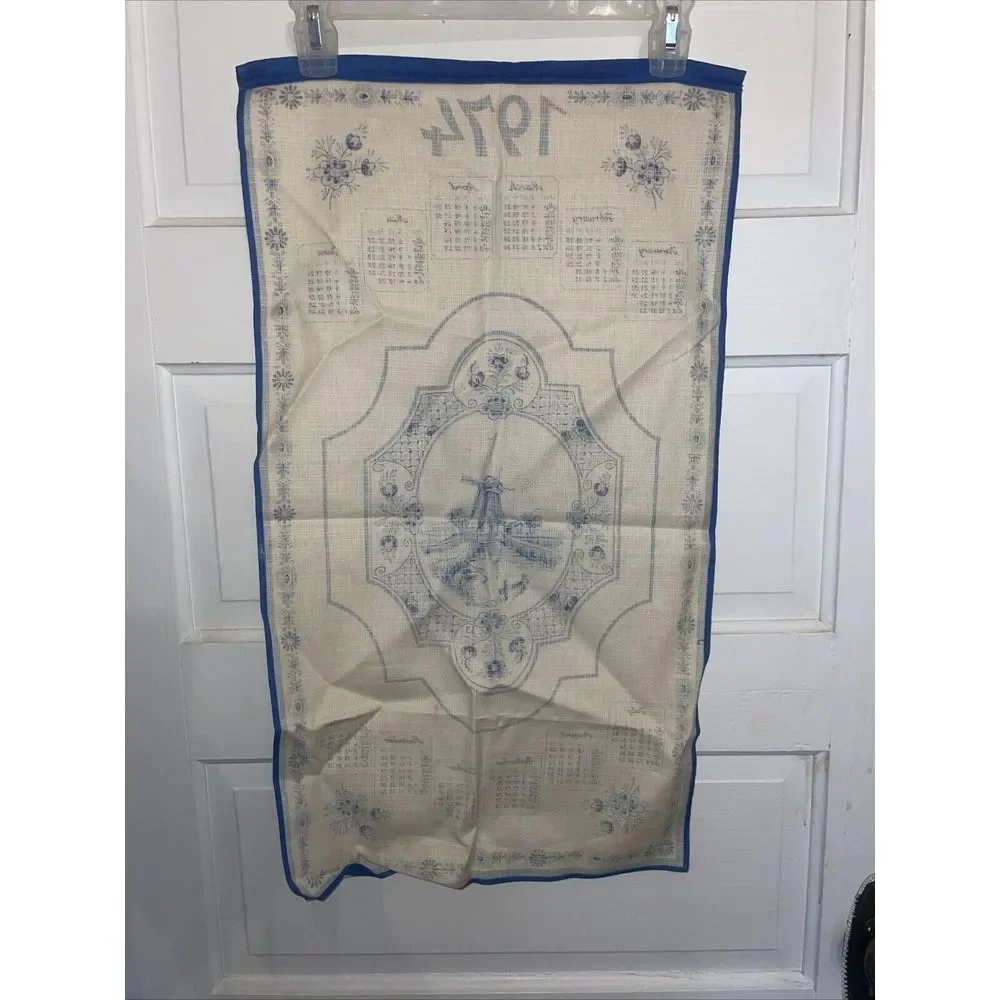 Beautiful Tea Towel Highlighting Holland Countryside. 1974 Calendar. Blue And Wh